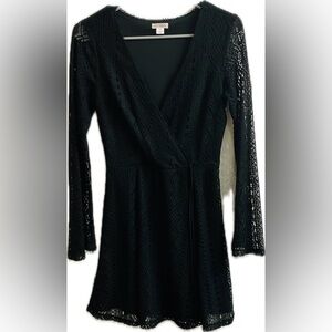 Black Fit and Flare Long Sleeve V-Neck Dress for Cocktail